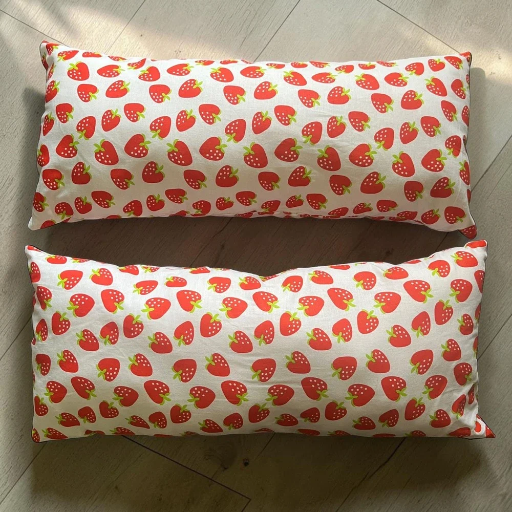 Set of 2 Strawberry Pattern Throw Pillows Red White Nursery Decor Kids Cottage